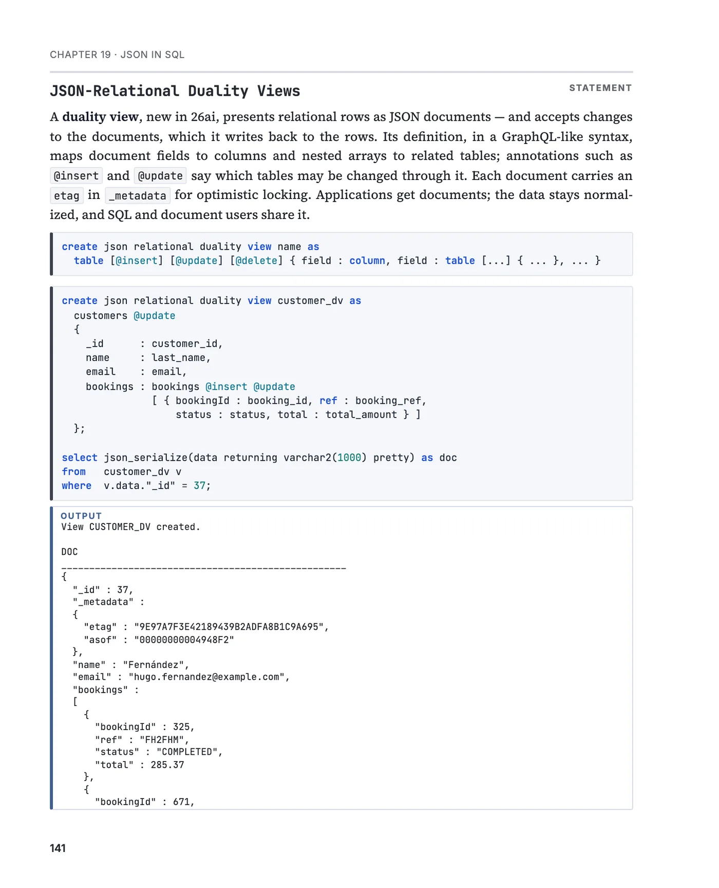 A page of chapter 19 with a JSON-relational duality view and the document it returns