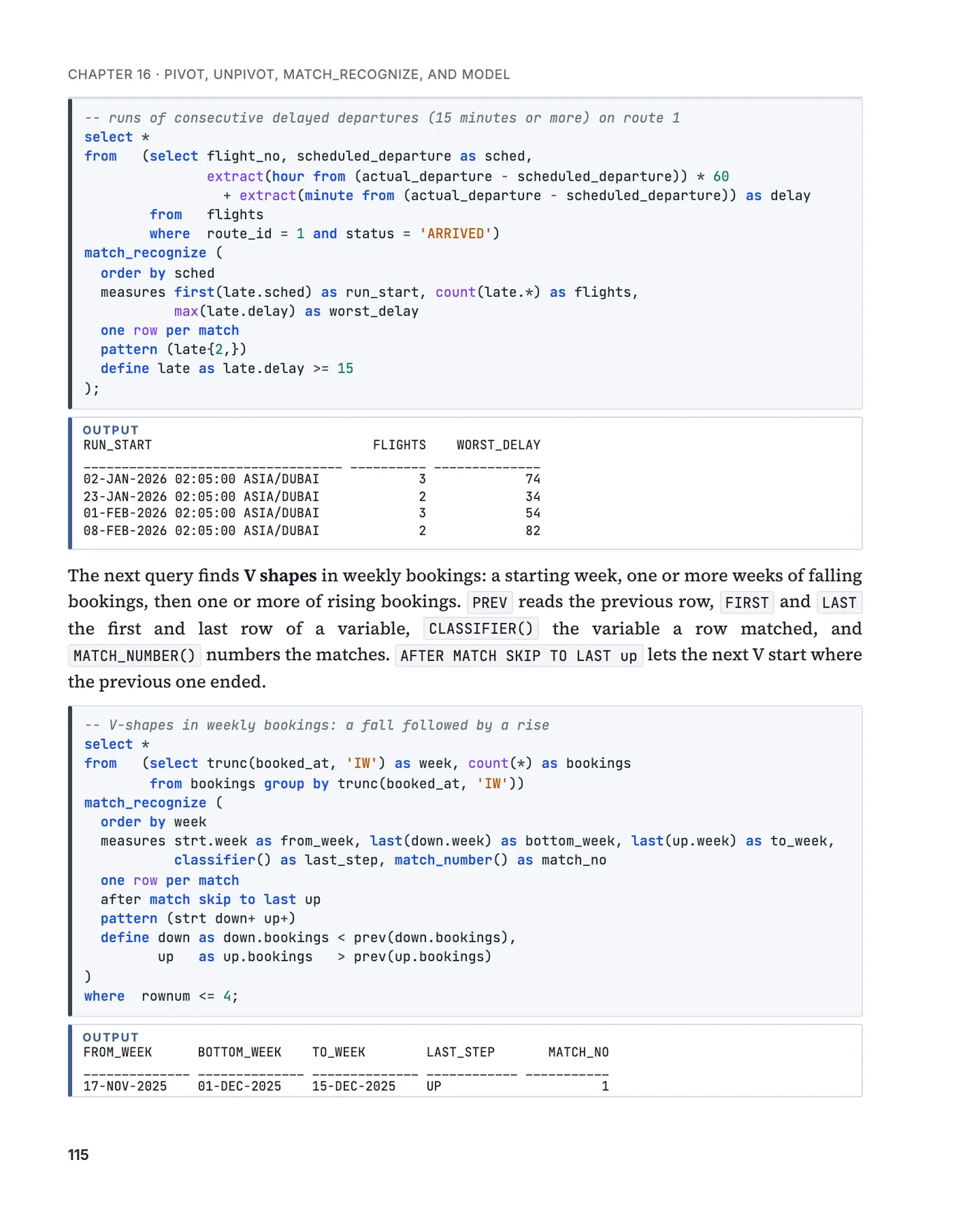 A page of chapter 16 with two MATCH_RECOGNIZE queries and their output
