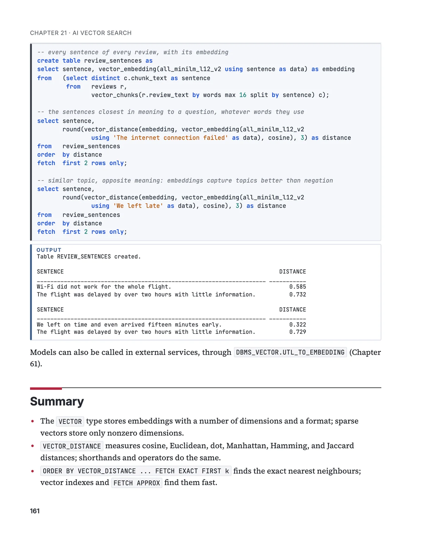 A page of chapter 21 with a semantic search over review sentences and its output
