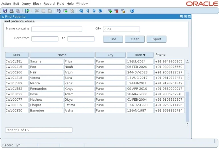 Oracle Forms search form with a Patient 1 of 15 counter below the records while the status line shows Record 1/?