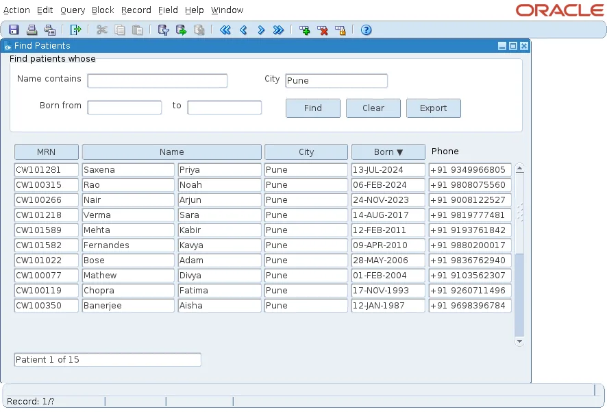 Oracle Forms search form with a Patient 1 of 15 counter below the records while the status line shows Record 1/?