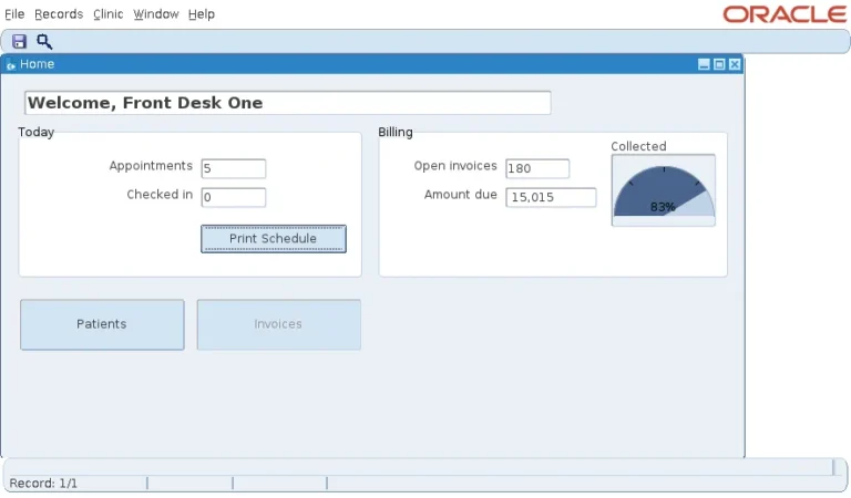 Oracle Forms dashboard for a receptionist with today's figures, a half gauge at 83 percent, and Invoices disabled