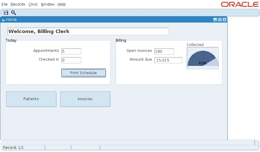 Oracle Forms dashboard for a billing clerk with the Invoices button enabled