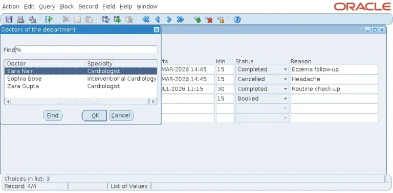 Oracle Forms LOV listing only the cardiologists after the Cardiology department is chosen