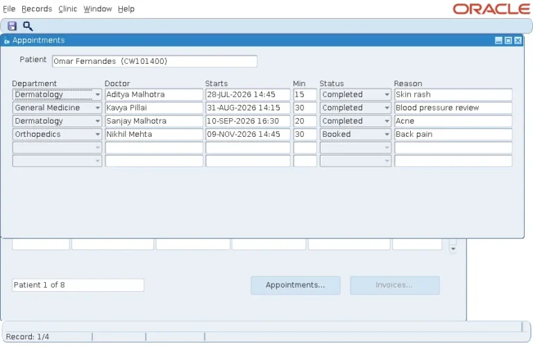 Oracle Forms appointments form opened for the patient chosen in the patients form