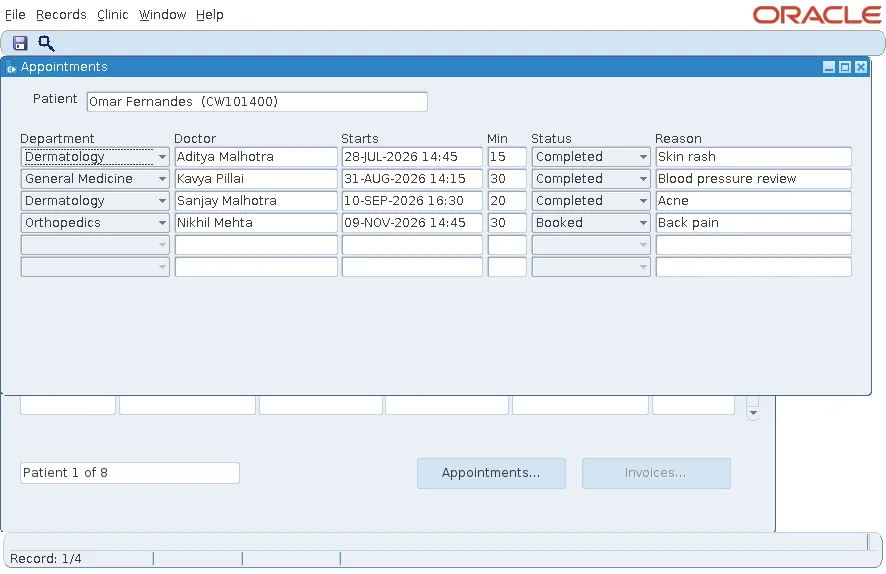 Oracle Forms appointments form opened for the patient chosen in the patients form