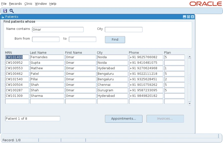 Oracle Forms patients search listing eight patients named Omar with Appointments and Invoices buttons