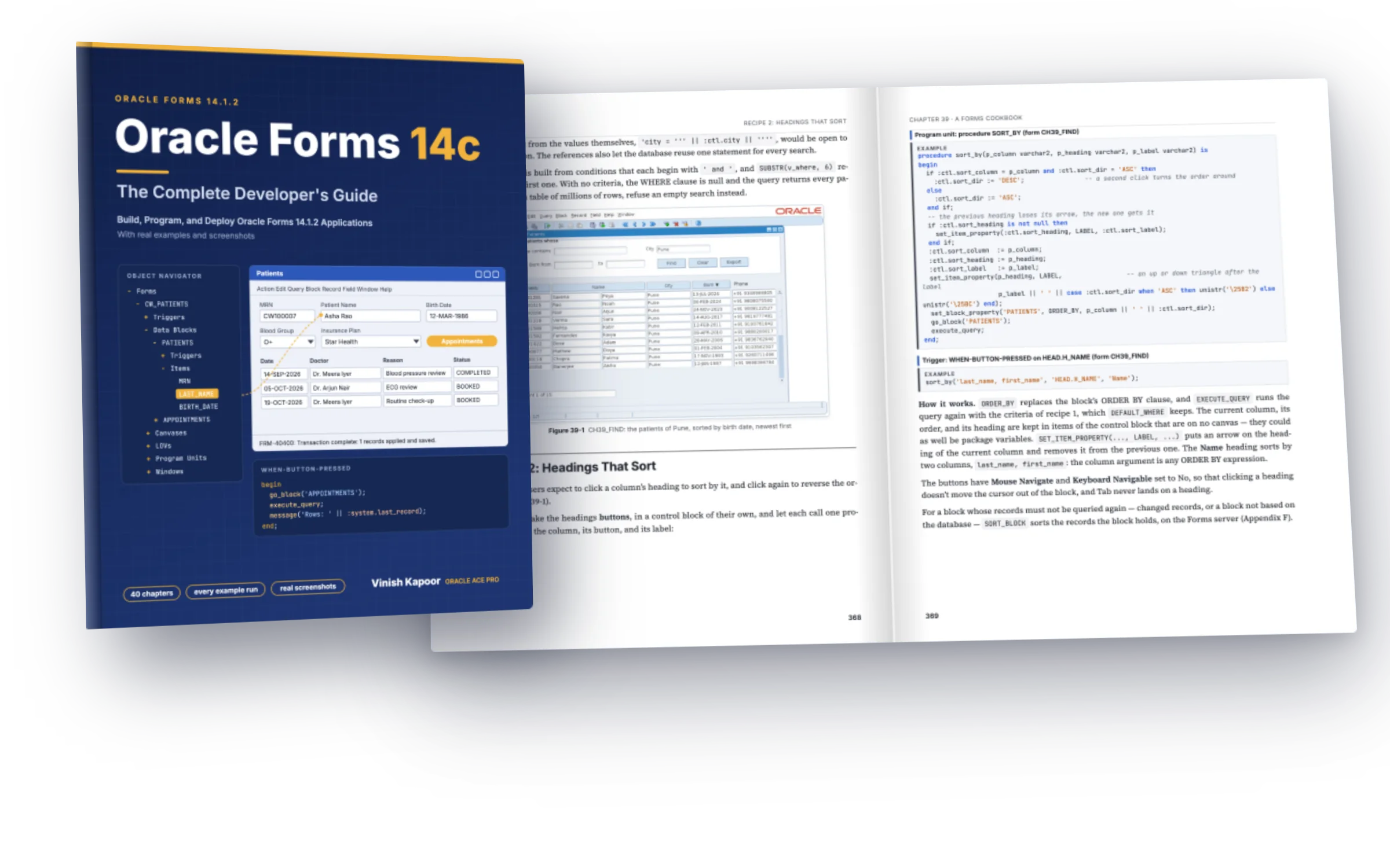 The book Oracle Forms 14c, in front of two facing pages of the Forms Cookbook with a patient search form and its code