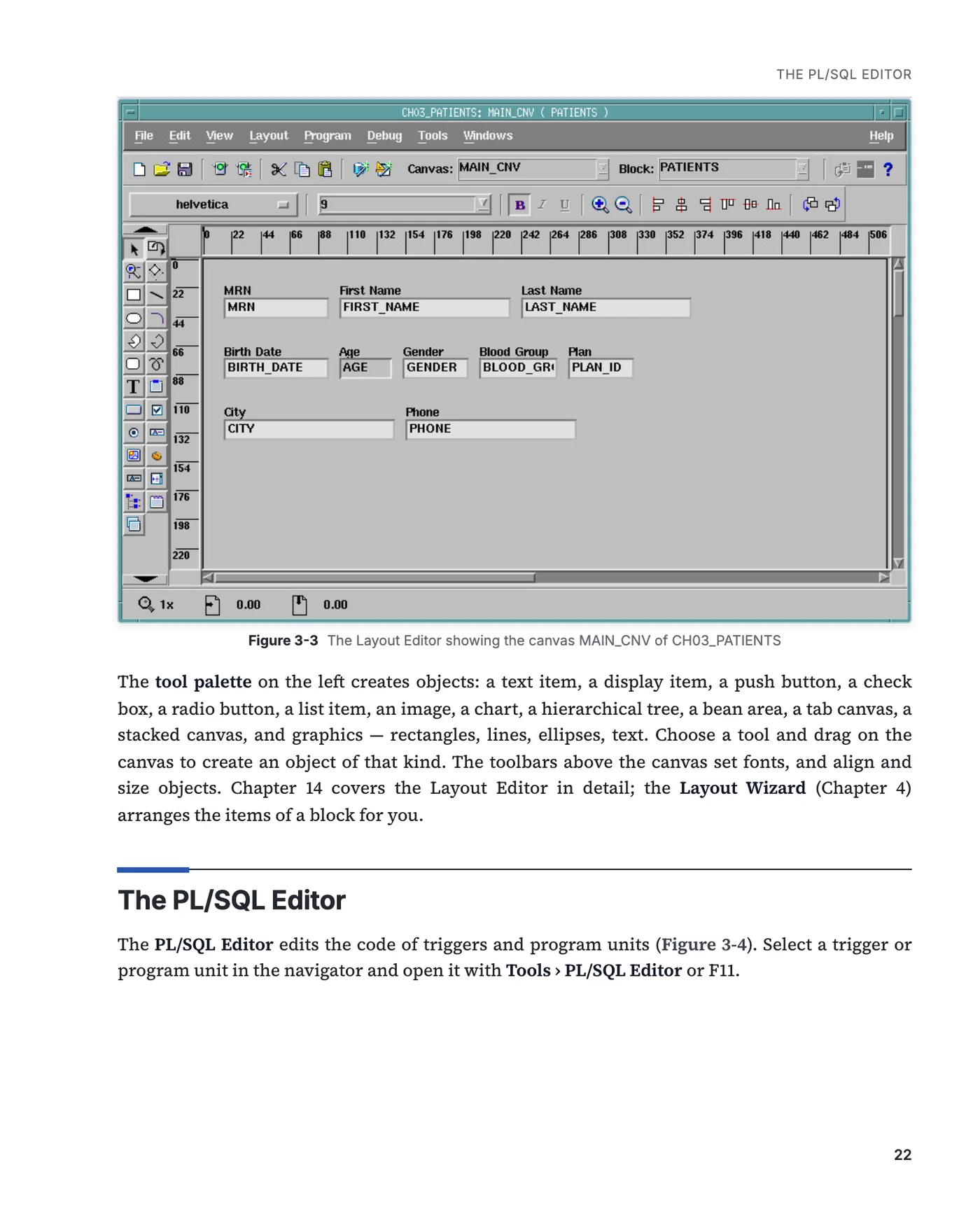 A page of chapter 3 with the Layout Editor of Forms Builder