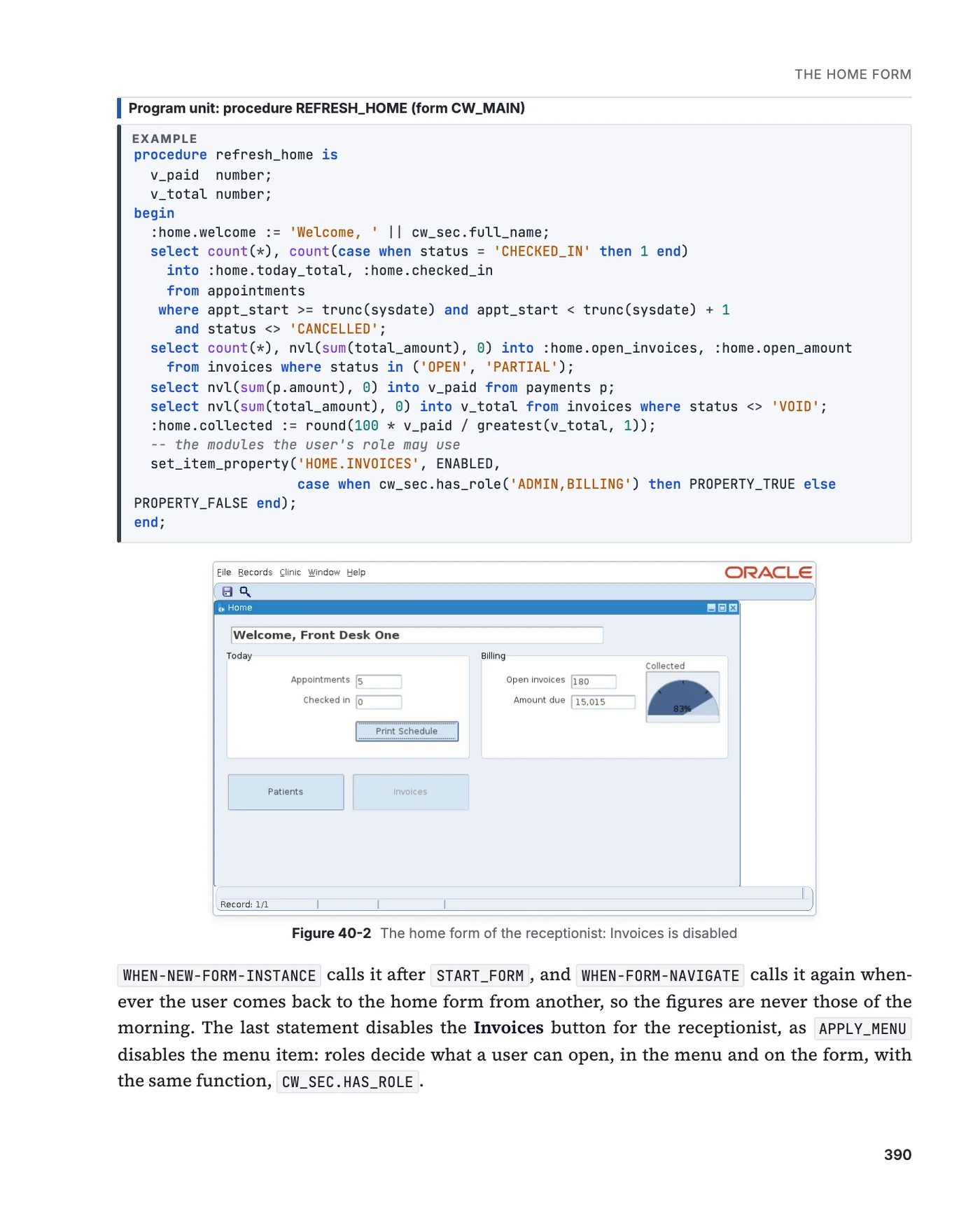A page of chapter 40 with the code and the home form of CareWell Clinic