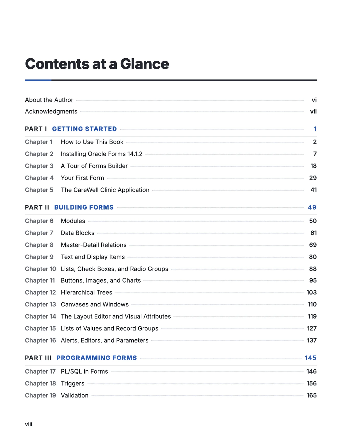 Contents at a Glance page of Oracle Forms 14c