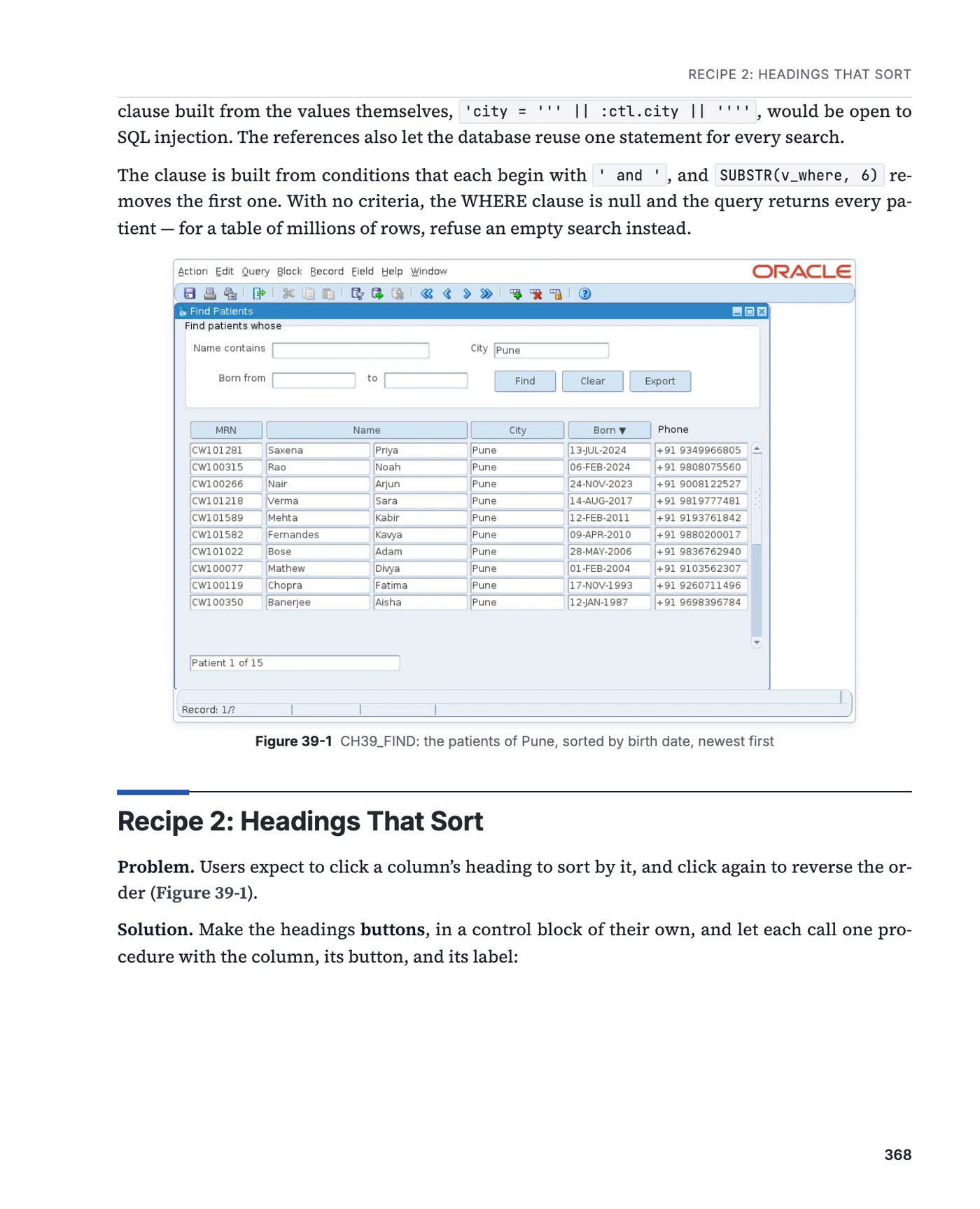 A page of chapter 39 with a recipe for sorting by a column heading