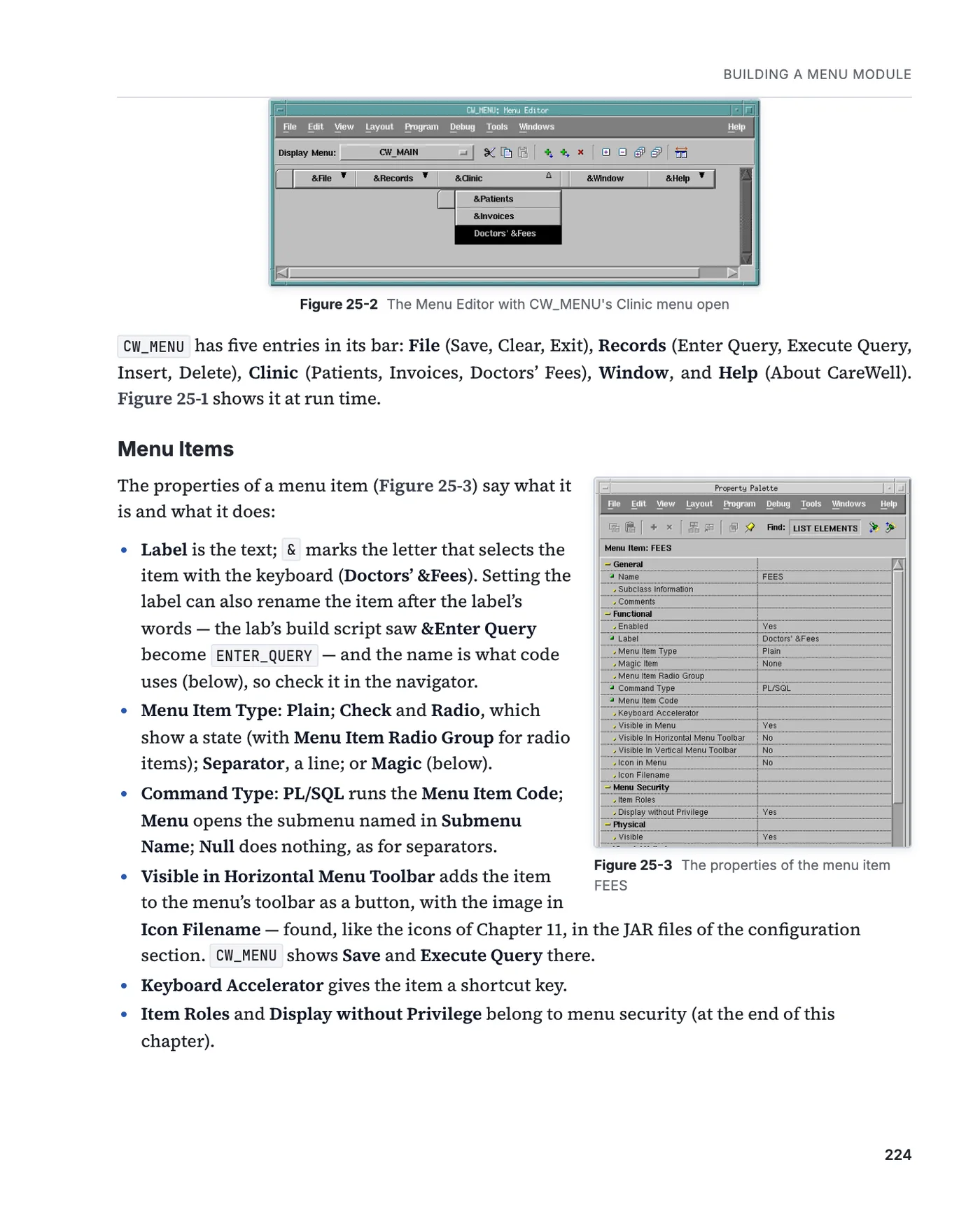 A page of chapter 25 with the Menu Editor and the properties of a menu item