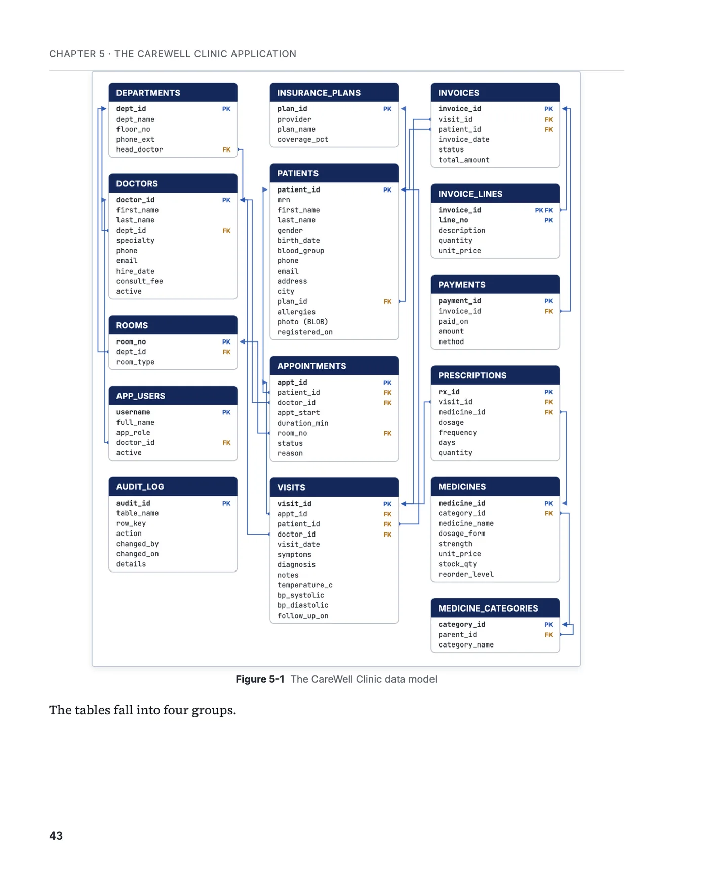 A page of chapter 5 with the data model of the CareWell Clinic schema