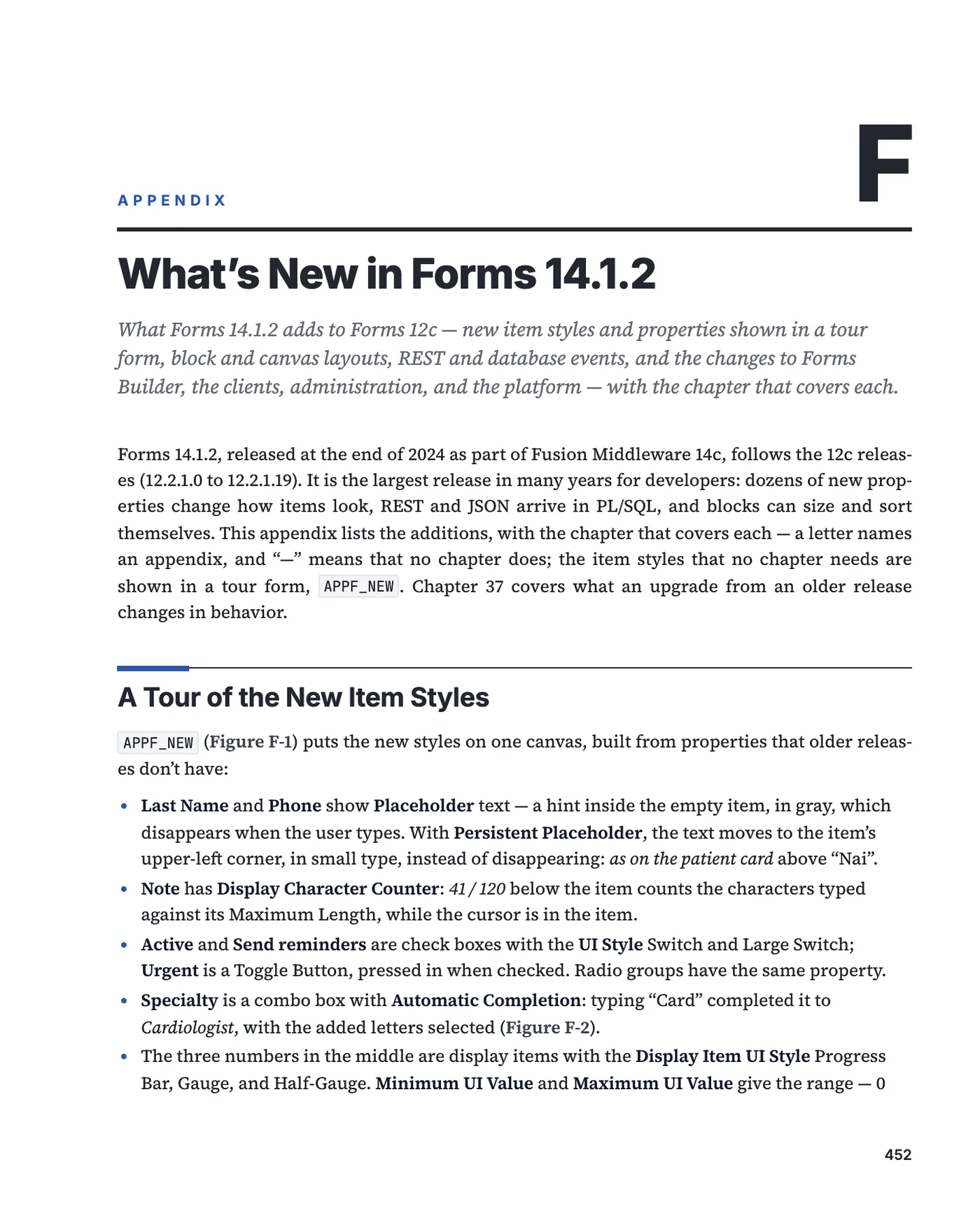 The first page of Appendix F, What's New in Forms 14.1.2