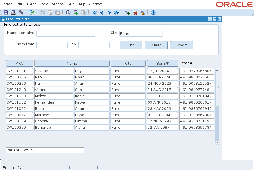 The form CH39_FIND with the patients who live in Pune