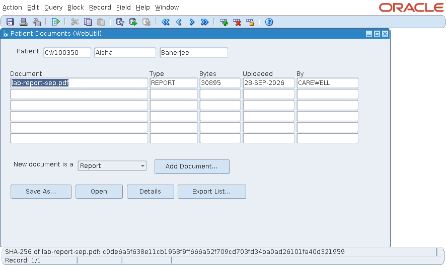 The form Patient Documents with the SHA-256 checksum of a document on the message line