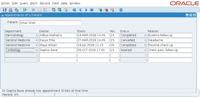 Oracle Forms message refusing an appointment that overlaps another of the same doctor