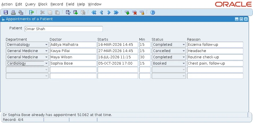 Oracle Forms message refusing an appointment that overlaps another of the same doctor