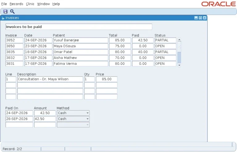 Oracle Forms billing form with a second payment of 42.50 added to invoice 3852