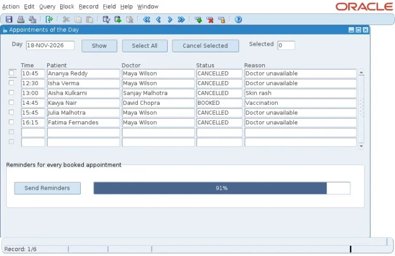 Oracle Forms progress bar at 91 percent while reminders are written