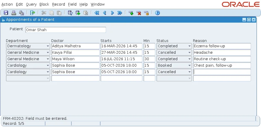 Oracle Forms refusing to save a cancelled appointment with no reason, showing FRM-40202