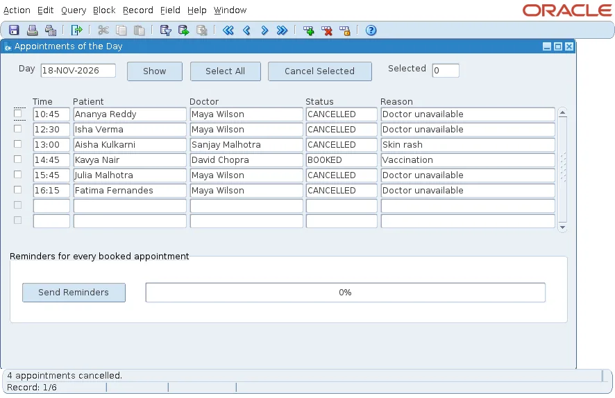 Oracle Forms block showing the four selected appointments with status CANCELLED