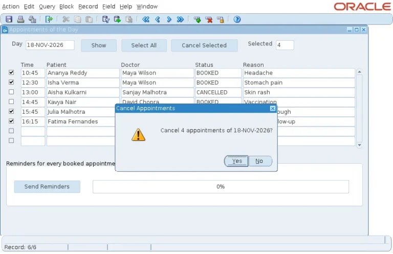 Oracle Forms alert asking to cancel 4 appointments with four rows checked in the block
