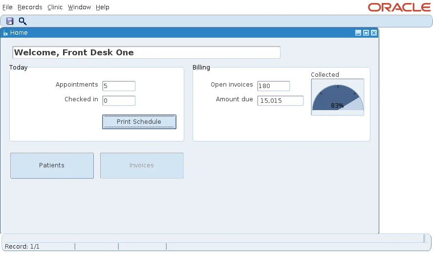 Oracle Forms home form welcoming Front Desk One with the Invoices button disabled