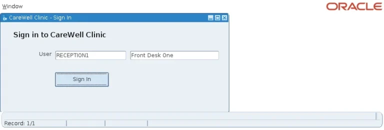 Oracle Forms sign-in form with the user RECEPTION1 chosen and a Sign In button