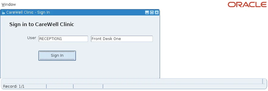 Oracle Forms sign-in form with the user RECEPTION1 chosen and a Sign In button