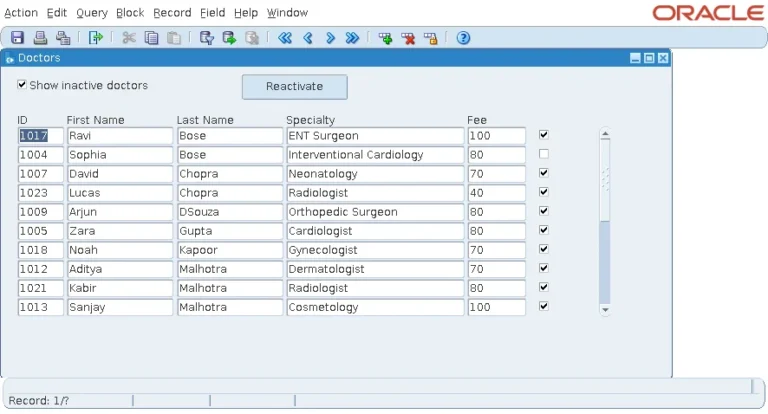 Oracle Forms doctors form showing an inactive doctor with Active unchecked and Show inactive doctors checked