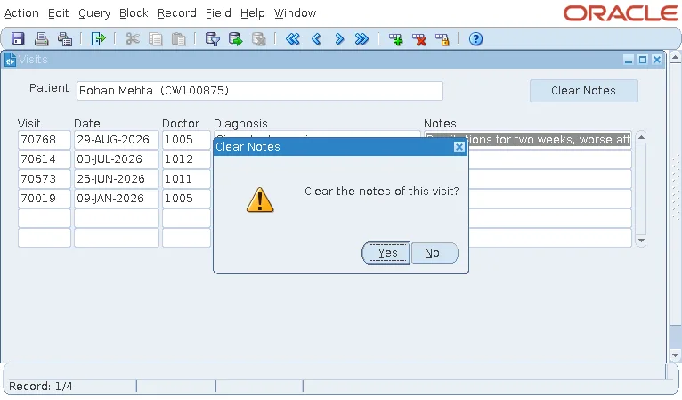 Oracle Forms caution alert asking whether to clear the notes