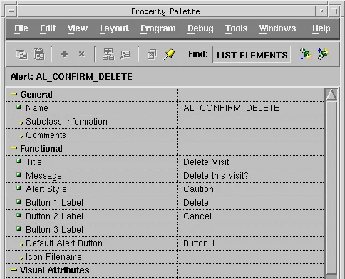 Property Palette of the Oracle Forms alert AL_CONFIRM_DELETE