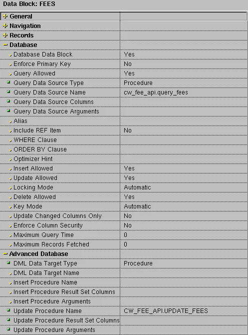 Data source properties of an Oracle Forms block based on procedures