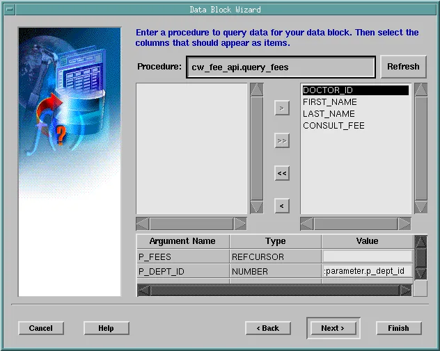 Data Block Wizard query procedure page for a block based on stored procedures