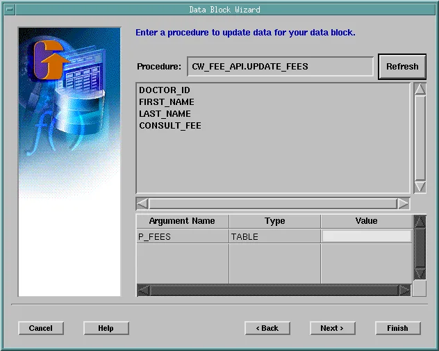 Data Block Wizard update procedure page with the table-of-records argument