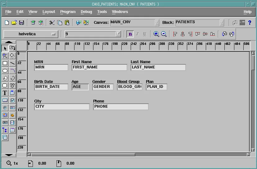 Oracle Forms Layout Editor showing the canvas MAIN_CNV
