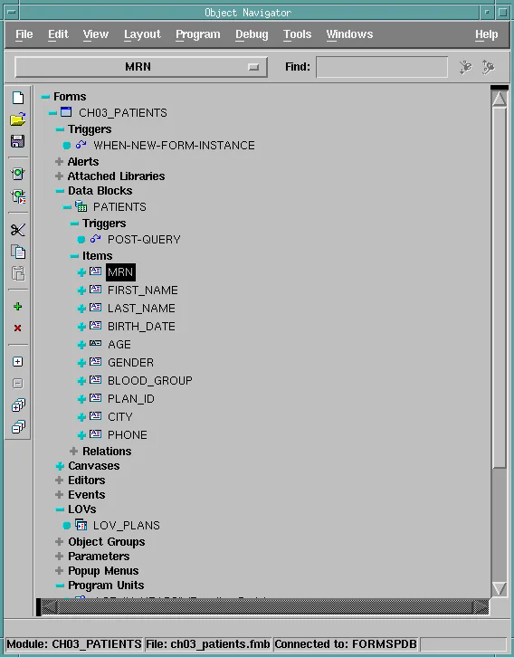 Forms Builder Object Navigator showing the form CH03_PATIENTS