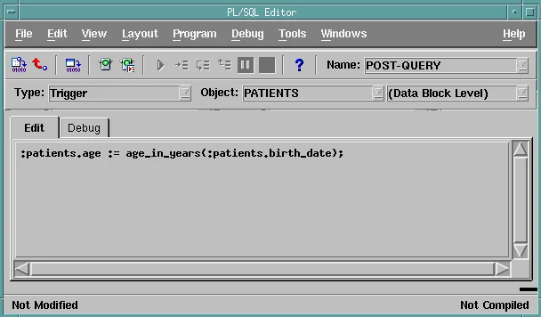 Oracle Forms PL/SQL Editor with the POST-QUERY trigger of the PATIENTS block