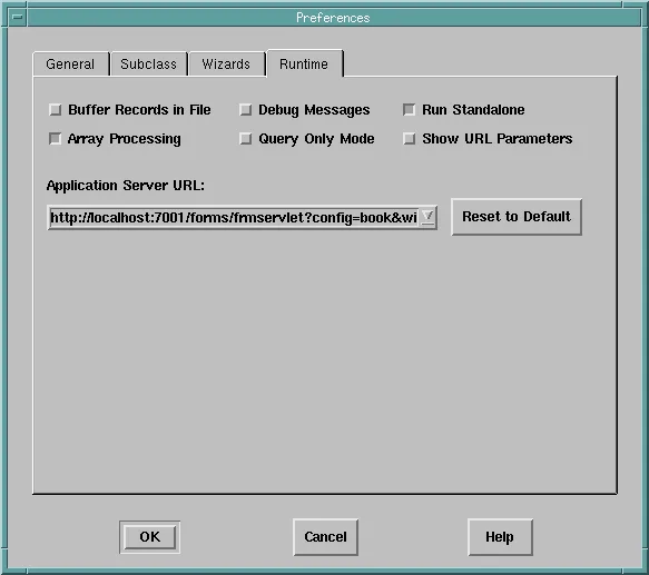 Runtime tab of the Forms Builder preferences with the Application Server URL