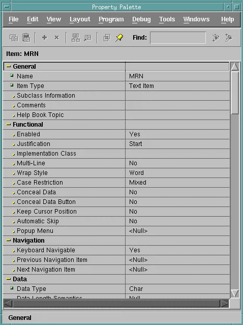 Oracle Forms Property Palette for the text item MRN