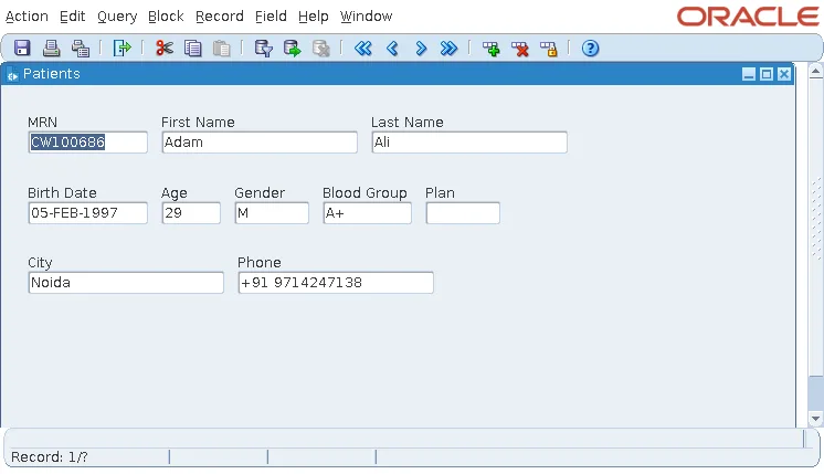 The form CH03_PATIENTS running from Forms Builder in the Standalone Launcher