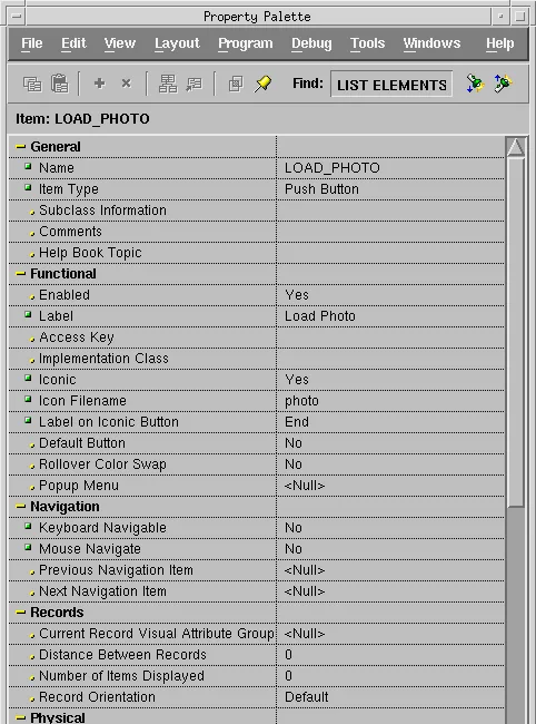 Property Palette of the Oracle Forms push button LOAD_PHOTO with Iconic and Icon Filename