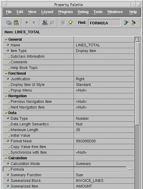 Property Palette of the Oracle Forms summary item LINES_TOTAL with Summary Function Sum