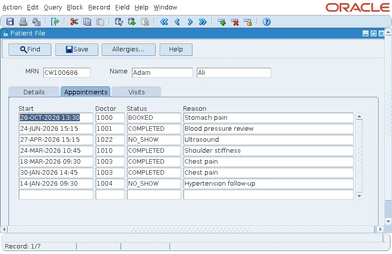 Appointments tab page of an Oracle Forms tab canvas