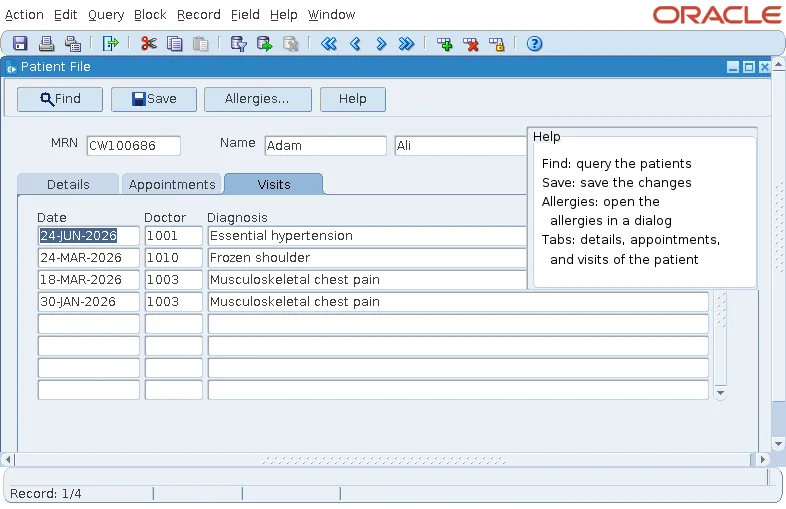 Oracle Forms stacked canvas of help text shown over the content canvas
