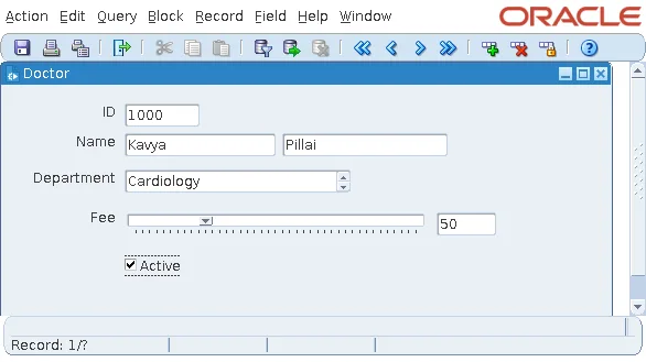 Oracle Forms doctor form with the Active check box checked