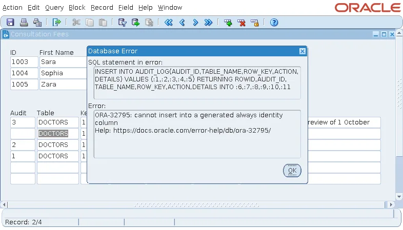 Oracle Forms error ORA-32795 when inserting into an identity column