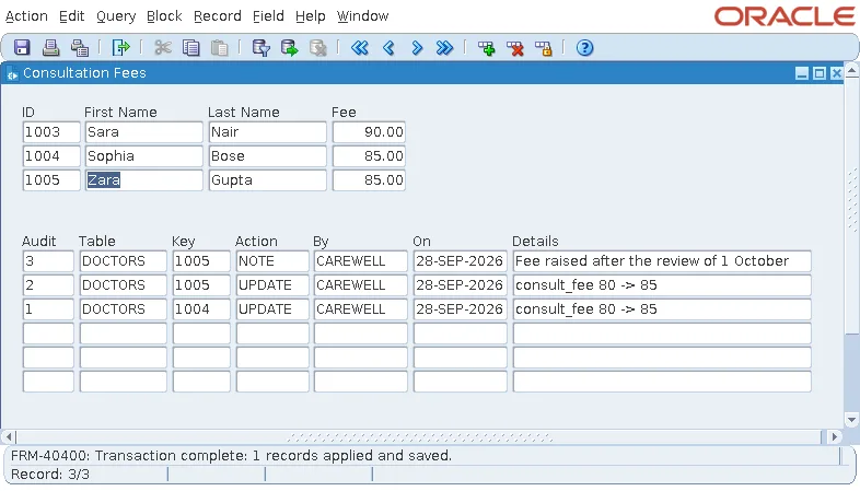 Oracle Forms showing the identity value the database assigned to a new audit row
